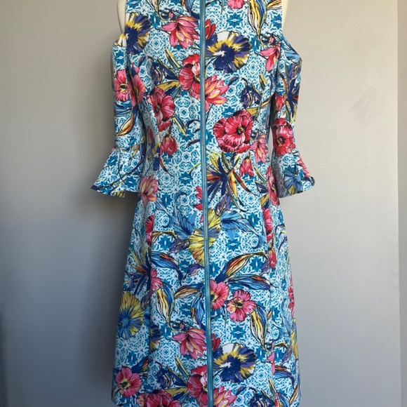 NICOLE MILLER Floral-Print Leaf‎ Turquoise Cold-Shoulder Sheath Cocktail Dress - Picture 13 of 15